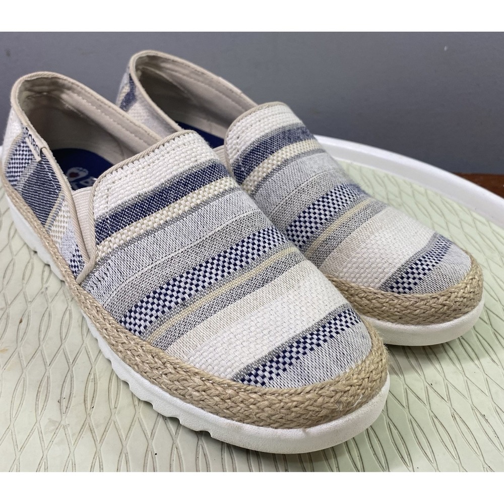 SKECHERS BOBS Women's Flexpadrille Tan/Navy Woven Textile Slip-on Casual Shoes 8